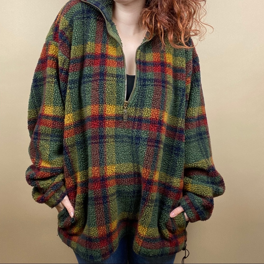 Vintage Half Zip Plaid Sherpa Fleece Pullover